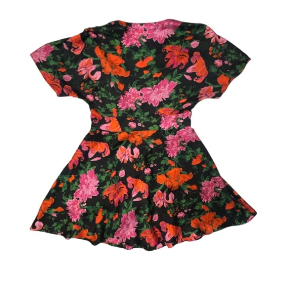 Zara Black Floral V Neck Short Sleeve Mini Dress Side Zip Pink Orange Size Med - Picture 3 of 9
